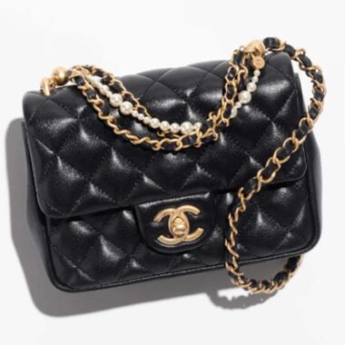 Chanel Women CC Mini Flap Bag Shiny Lambskin Imitation Pearls Black