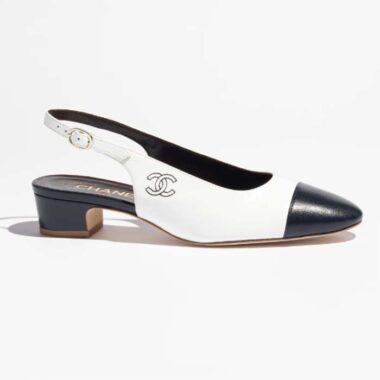 Chanel Women CC Slingbacks Calfskin White Dark Navy Blue