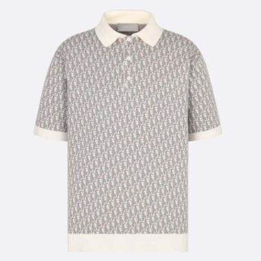 Dior CD Men Oblique Polo Shirt White Blue Brown Cotton Jacquard