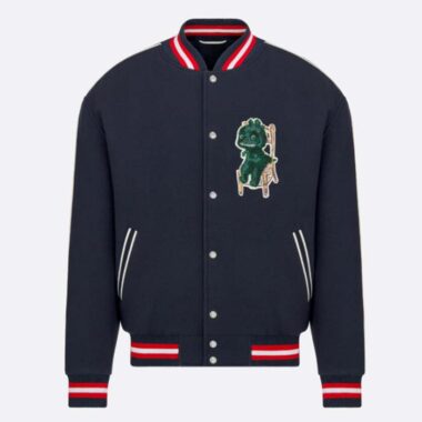 Dior Men CD Otani Workshop Varsity Jacket Blue Wool Jersey