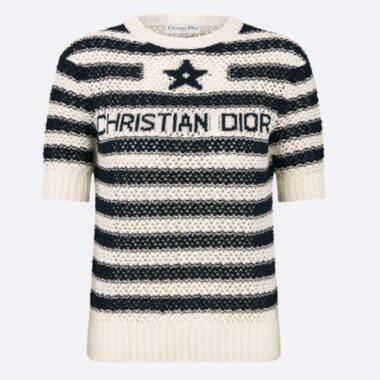 Dior Women CD Marinière Short-Sleeved Sweater White Blue Openwork Cotton