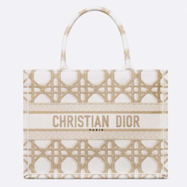 Dior Women CD Medium Dior Book Tote White Gold Macrocannage Embroidery