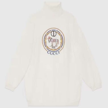 Gucci GG Women Jersey Sweatshirt Embroidery White Cotton Turtleneck Dropped Shoulder