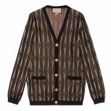 Gucci GG Women Lamé Horsebit Jacquard Cardigan Brown V-Neck