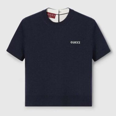 Gucci GG Women Wool Top Gucci Intarsia Navy Crewneck Short Sleeves