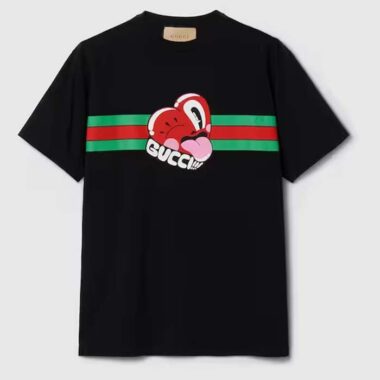 Gucci Men GG Cotton Jersey T-Shirt Print Black Crewneck Short Sleeves