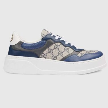 Gucci Unisex GG Sneaker Beige Blue GG Supreme Canvas Mid-Heel