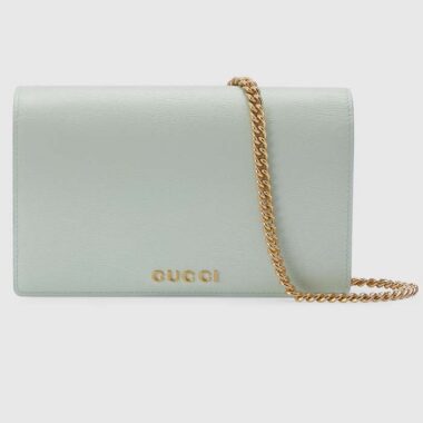 Gucci Women GG Chain Wallet Gucci Script Pale Green Leather Taffeta