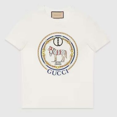 Gucci Women GG Cotton Jersey T-Shirt Interlocking G Crystal Crewneck