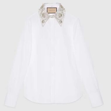 Gucci Women GG Cotton Poplin Shirt Embroidery Long Sleeves Concealed Placket