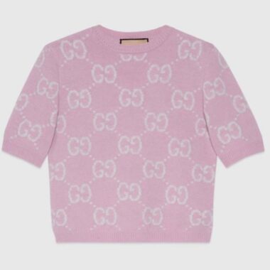 Gucci Women GG Knit Wool Top Pink Crewneck Short Sleeves