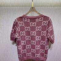 Gucci Women GG Knit Wool Top Pink Crewneck Short Sleeves (4)