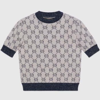 Gucci Women GG Lamé Jacquard Top Cotton Navy Crewneck Short Sleeves