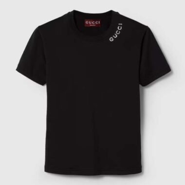 Gucci Women GG Light Cotton Jersey Shirt Black Crystal Short Sleeves