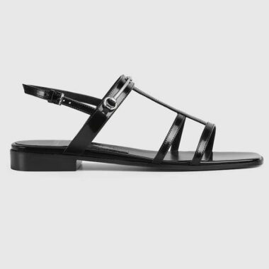 Gucci Women GG Slim Horsebit Flat Sandal Black Leather Ankle Buckle