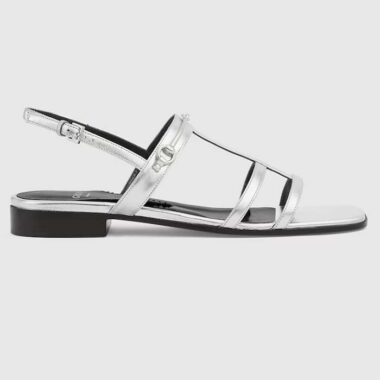 Gucci Women GG Slim Horsebit Flat Sandal Silver Leather Ankle Buckle