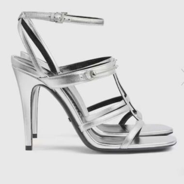 Gucci Women GG Slim Horsebit Sandal Silver Leather High Heel