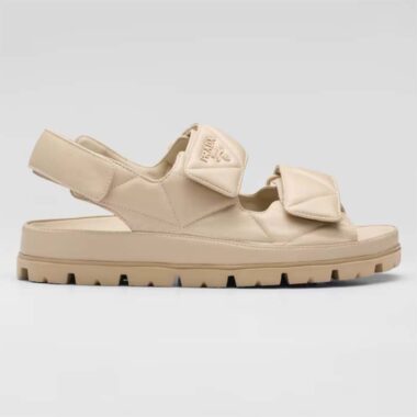 Prada Women Patent Leather Sandals Beige Metal Lettering Logo Lug Tread