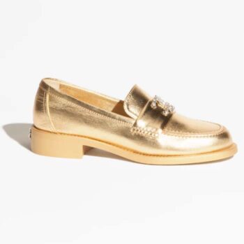 Chanel Women CC Moccasins Laminated Lambskin Metal Gold 3 CM Heel