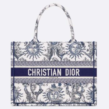 Dior Unisex Medium Book Tote White Navy Blue Toile De Jouy Soleil Embroidery