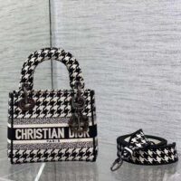 Dior Women CD Mini Lady D-Lite Bag Black White Houndstooth Embroidery (7)