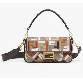 Fendi Women FF Baguette Brooch Multicolor Canvas Bag FF Embroidery