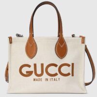 Gucci GG Unisex Mini Tote Bag Print Beige Cotton Linen Canvas Light Brown Leather