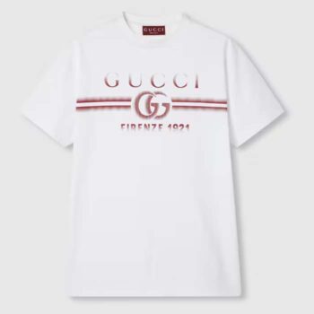 Gucci Men GG Cotton Jersey T-Shirt Gucci Print Red White Crewneck Short Sleeves