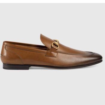 Gucci Unisex GG Jordaan Leather Loafer Blake Brown Leather Horsebit Flat