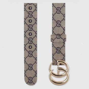 Gucci Unisex GG Marmont Reversible Belt Beige Blue Canvas Double G Buckle