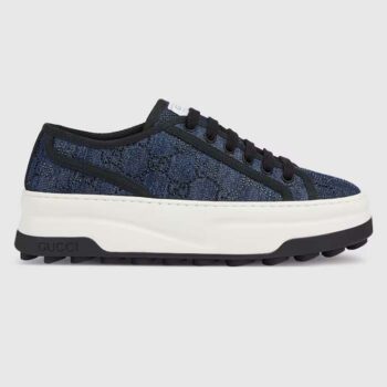 Gucci Unisex GG Sneaker Tennis 1977 Blue Denim Black Crystals Low Heel