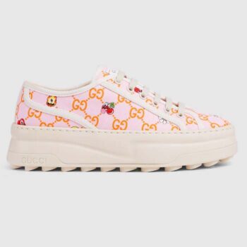 Gucci Unisex GG Sneaker Tennis 1977 Pink Orange Canvas Elements Low Heel