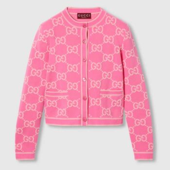 Gucci Women GG Cotton Jacquard Cardigan Pink Crewneck Long Sleeves