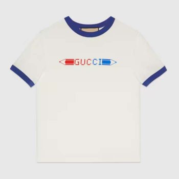 Gucci Women GG Cotton Jersey Printed T-Shirt White Blue Crewneck Short Sleeves