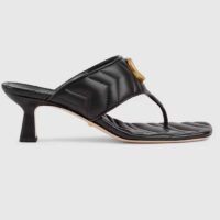 Gucci Women GG Double G Thong Sandal Black Matelassè Chevron Leather Mid-Heel (8)