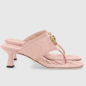 Gucci Women GG Double G Thong Sandal Pink Matelassè Chevron Leather Mid-Heel