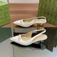 Gucci Women GG Horsebit Slingback Pump White Leather Low Heel (6)