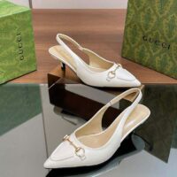 Gucci Women GG Horsebit Slingback Pump White Leather Low Heel (6)