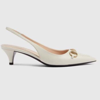 Gucci Women GG Horsebit Slingback Pump White Leather Low Heel