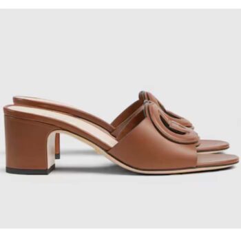 Gucci Women GG Interlocking G Slide Sandal Brown Leather Mid-Heel