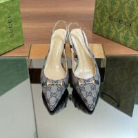 Gucci Women Horsebit Slingback Pump Beige Blue Original GG Canvas Low Heel (3)