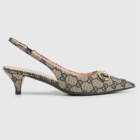 Gucci Women Horsebit Slingback Pump Beige Blue Original GG Canvas Low Heel