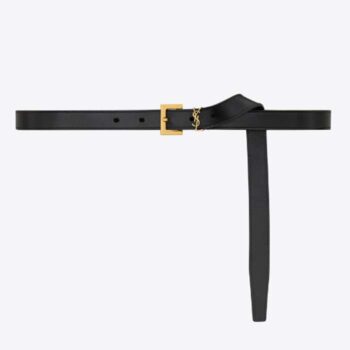 Saint Laurent YSL Women Cassandre Thin Belt Vegetable-Tanned Leather Black