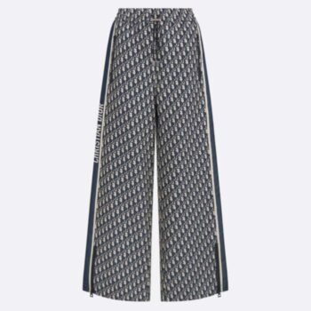 Dior CD Women Flared Pants Blue Ecru Technical Taffeta Jacquard Dior Oblique