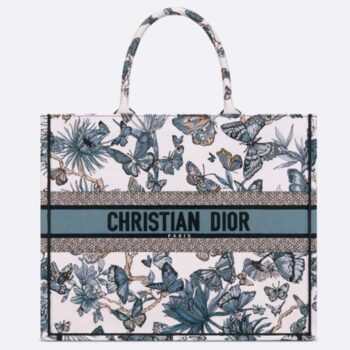 Dior CD Women Large Dior Book Tote White Blue Toile De Jouy Mexico Embroidery