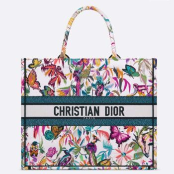 Dior Unisex Large Dior Book Tote White Multicolor Toile De Jouy Fantastica Embroidery