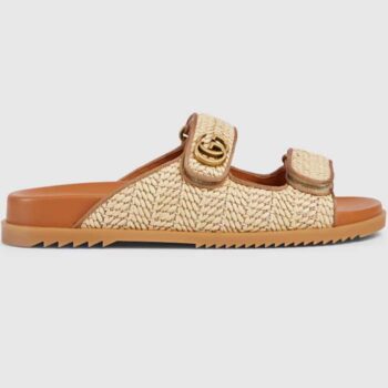 Gucci GG Unisex Sandal Double G Natural Raffia Effect Viscose Rubber Flat