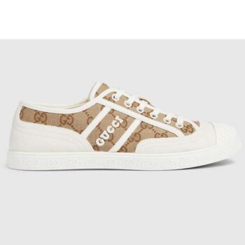 Gucci Unisex GG Canvas Sneaker Beige Ebony Original GG Canvas Lace Up Flat