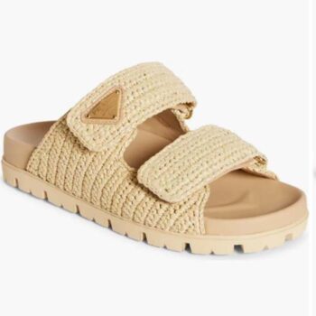 Prada Women Raffia Double Band Slide Sandal Beige Fabric Lug Tread