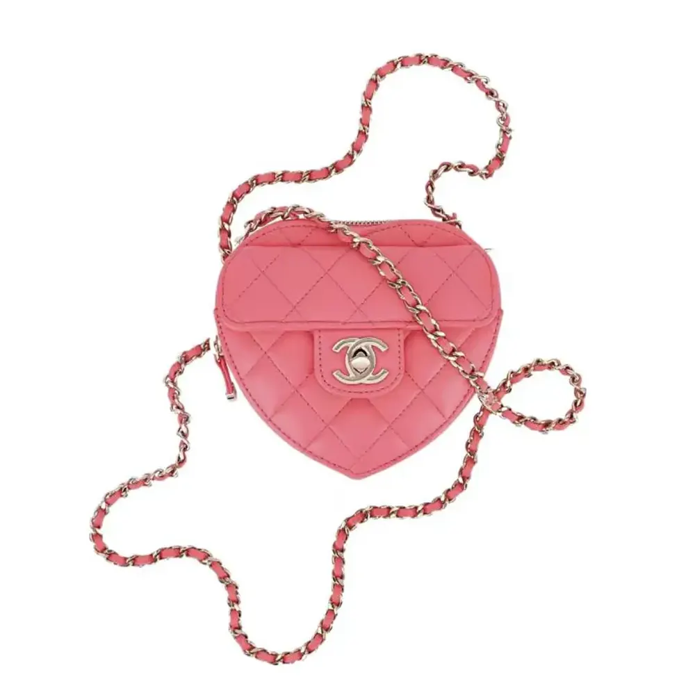 Chanel Women CC Heart Shape Bag Pink Calfskin Leather Gold-Tone Metal